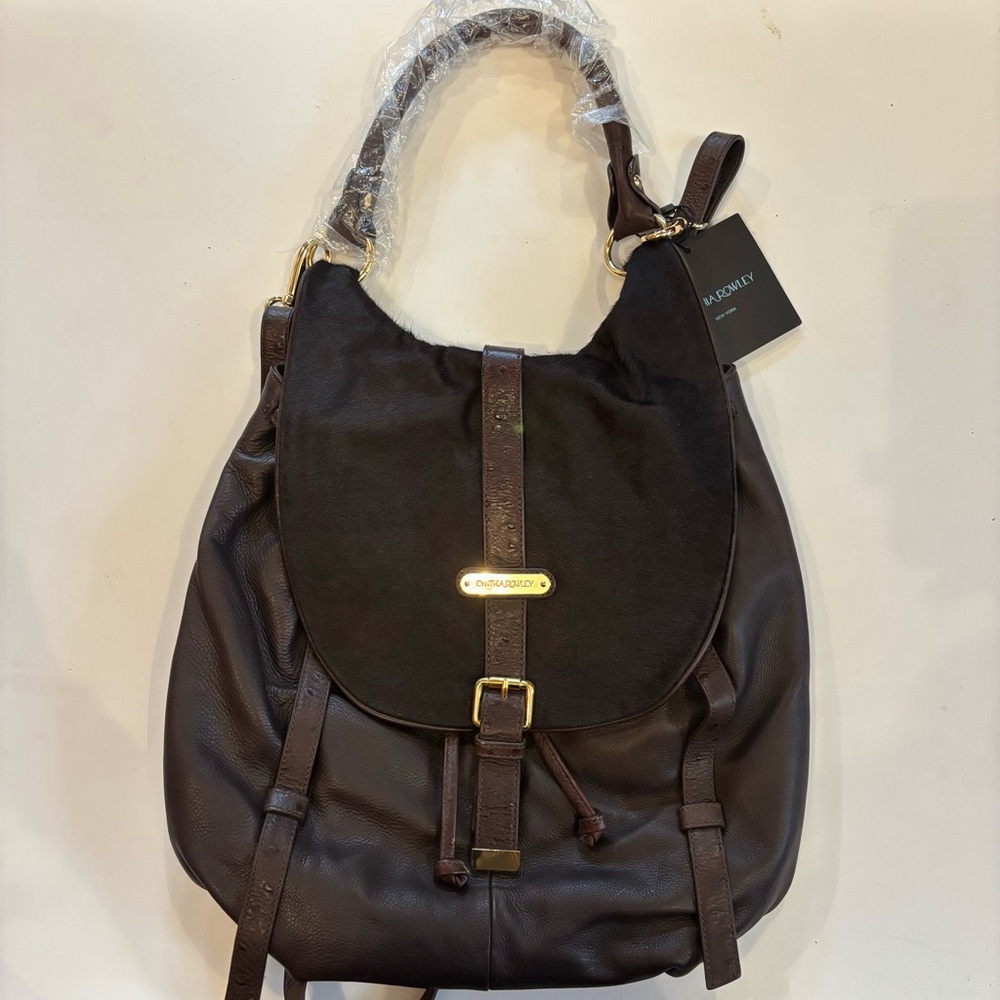 Cynthia Rowley Brown Leather Backpack Bag with Cow Hide Women’s Gold